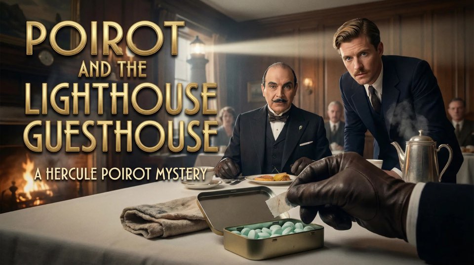 Cover illustration for Poirot and The Lighthouse Guesthouse